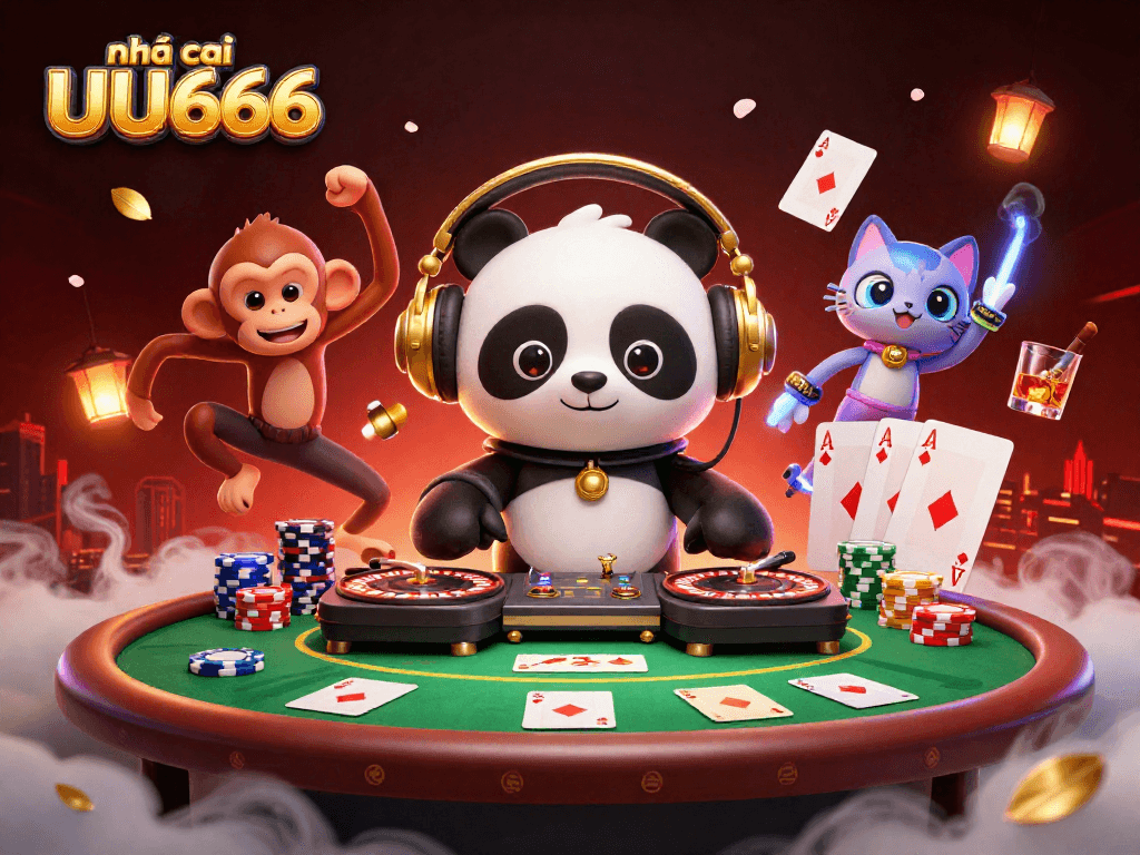 Engaging scene with nhà cái UU666 elements, 3D DJ panda spinning on roulette turntables with dynamic gambling visuals.