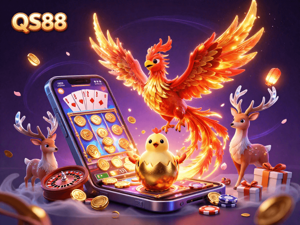 Win big at QS88 with a vibrant phoenix scene showcasing slots, cards, and casino excitement.