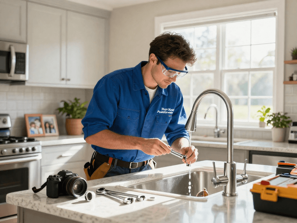 Experienced plumber from Blue Moon Plumbing and Rooter repairing a kitchen faucet, showcasing professionalism and reliability.