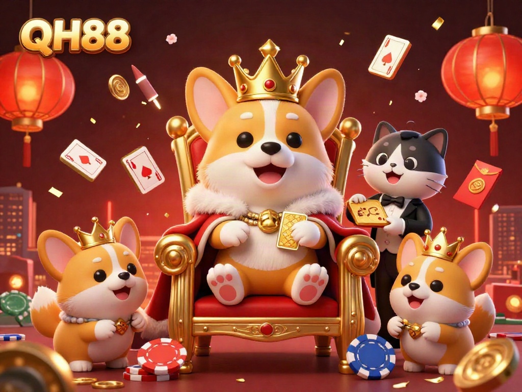 Experience the excitement of QH88 with a vibrant 3D casino scene featuring regal corgis and rich decorations.
