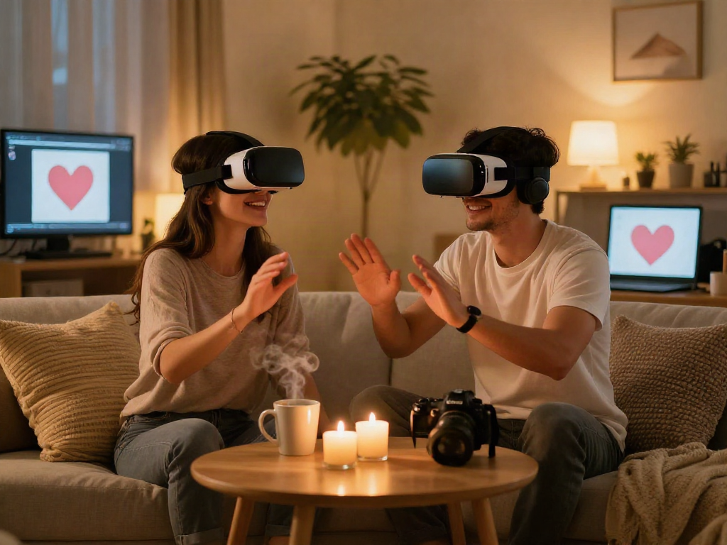Couple using sex ai technology in a cozy setting with VR headsets.