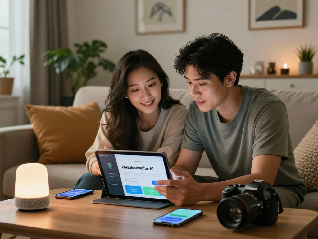 Couple exploring sex ai apps together in a cozy home, showcasing their intimate discussion and modern tech integration.