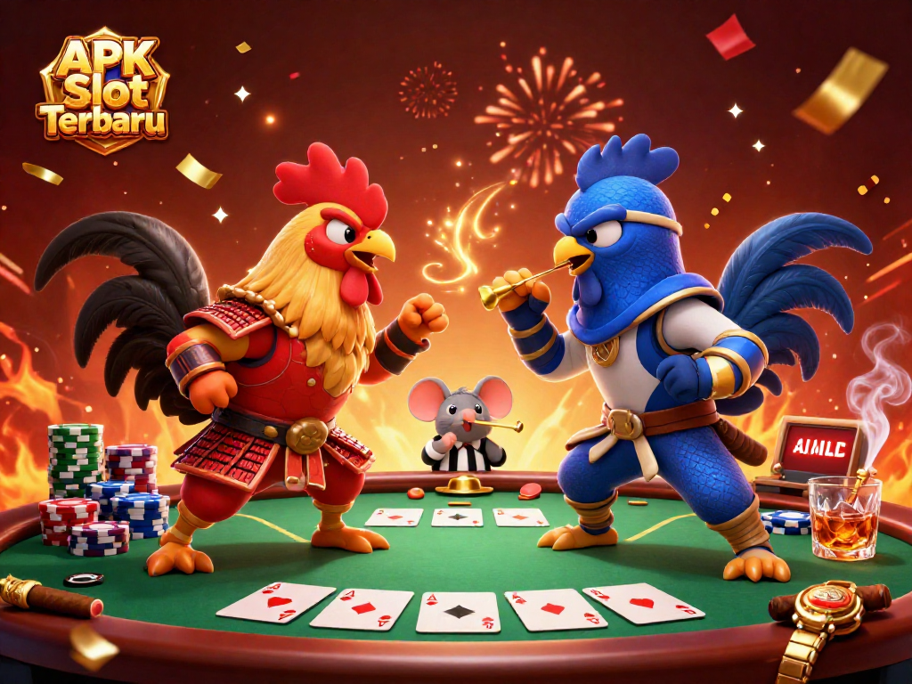 Engage in APK Slot Terbaru excitement with fighting roosters in a vibrant casino scene.