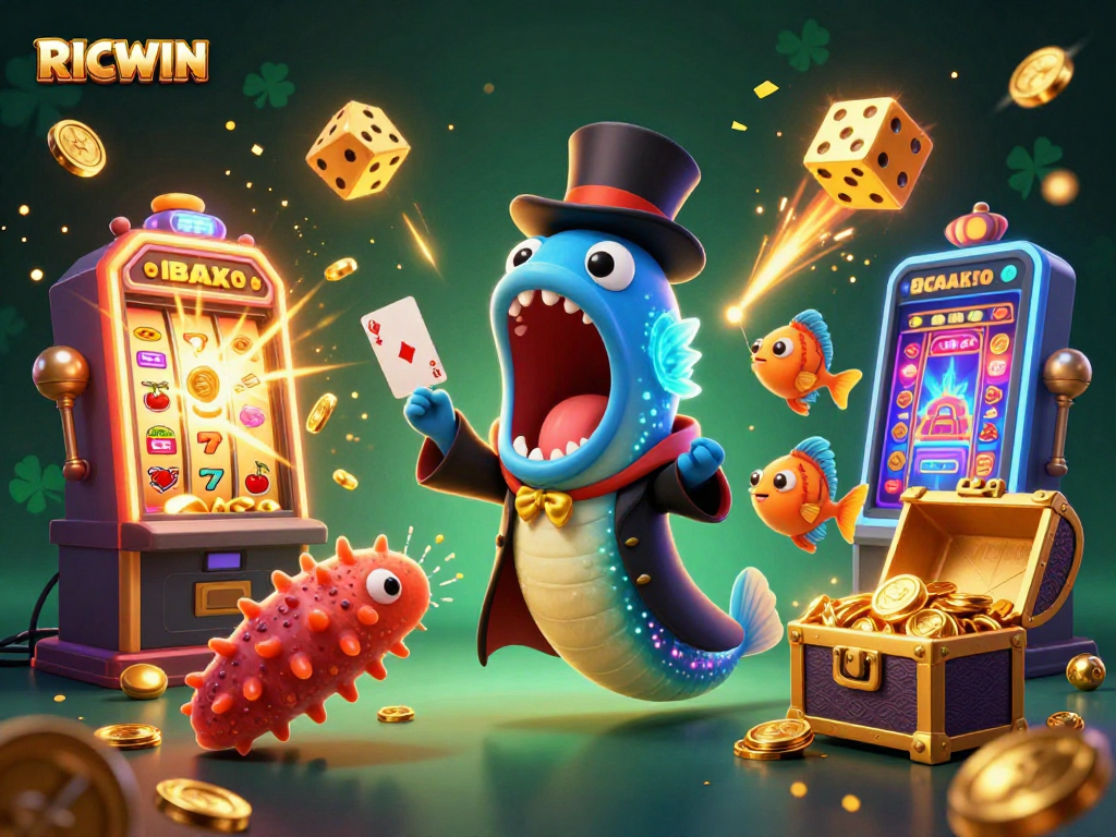 Experience RICWIN magic with animated eels and jackpots in this colorful casino scene.