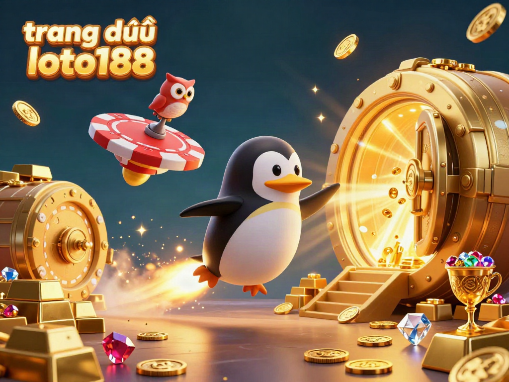 Engage with the vibrant world of trang chủ loto188, featuring a dynamic penguin and golden treasures.