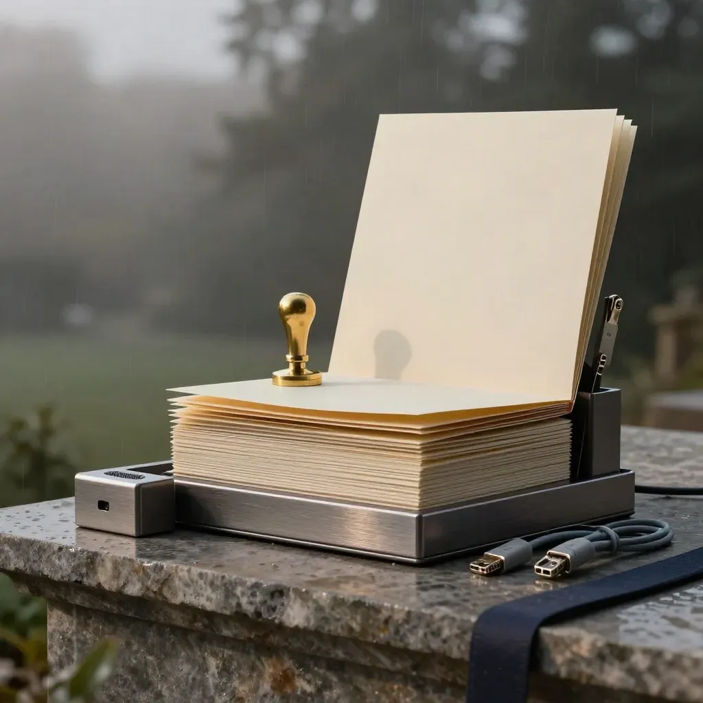Brass seal press, folders and network gear on a stone plinth in blue-hour mist