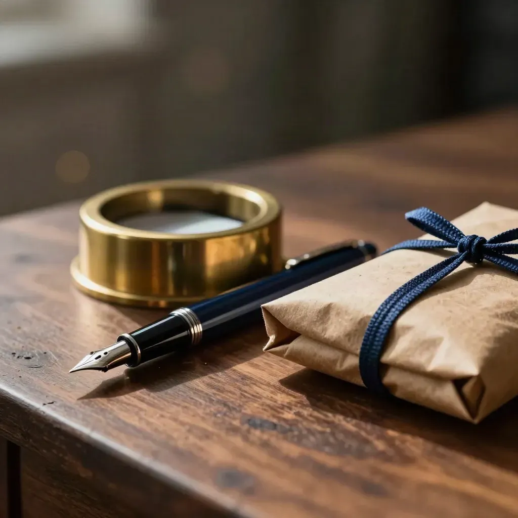 Brass paperweight, fountain pen, and kraft wrap on walnut surface in dramatic studio light