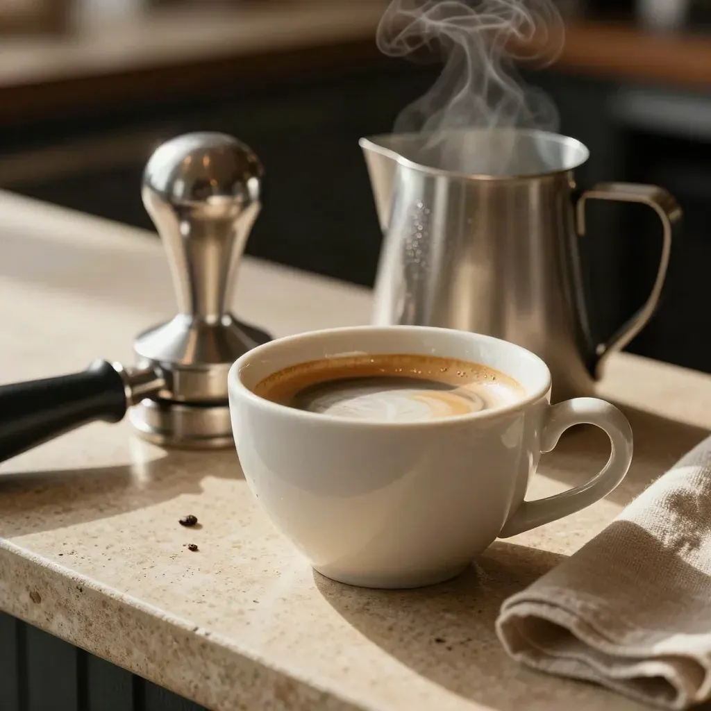 Espresso tamper, milk pitcher and ceramic cup after service on a stone café counter with steam.