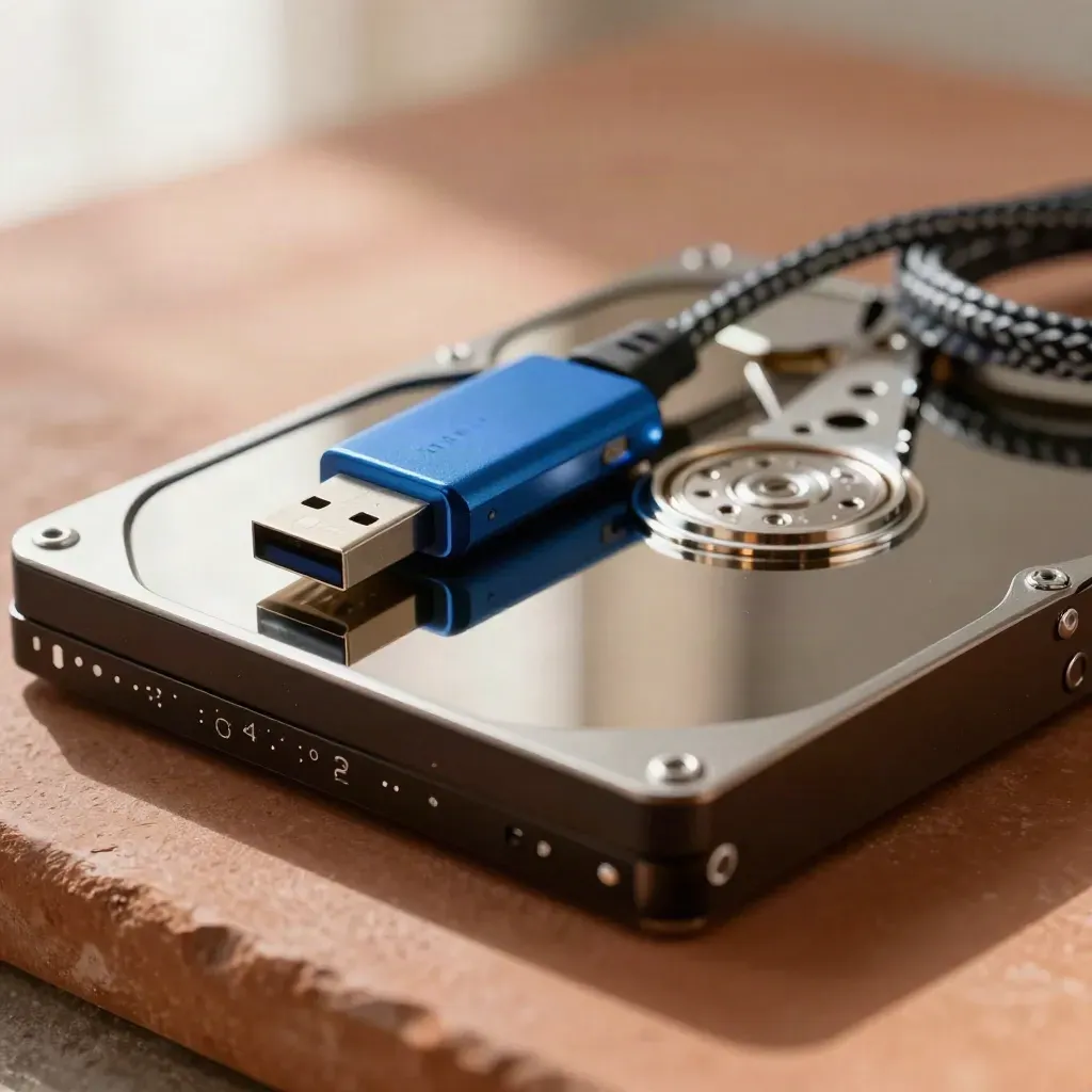 Hard drive, USB key and braided cable on terracotta stone with soft bokeh