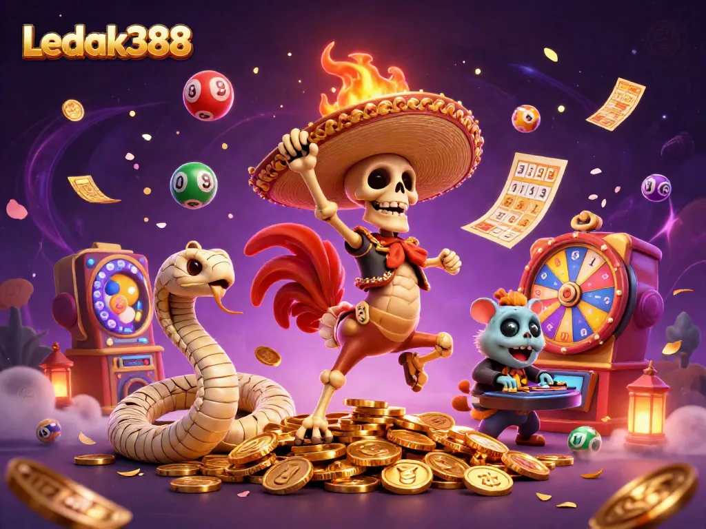 Ledak388 dancers celebrate winnings on golden coins with vibrant casino elements.