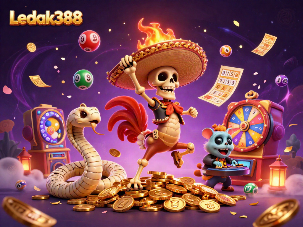 Ledak388 dancers celebrate winnings on golden coins with vibrant casino elements.