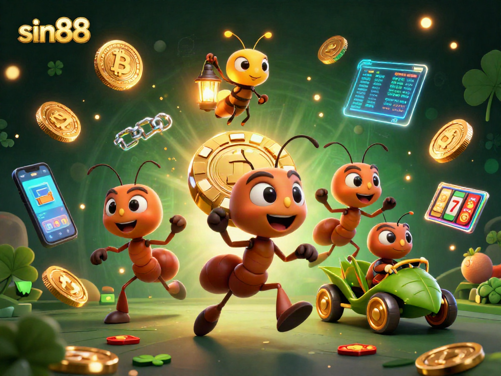 Engage in thrilling casino action with sin88 while 3D cartoon ants carry a giant poker chip.