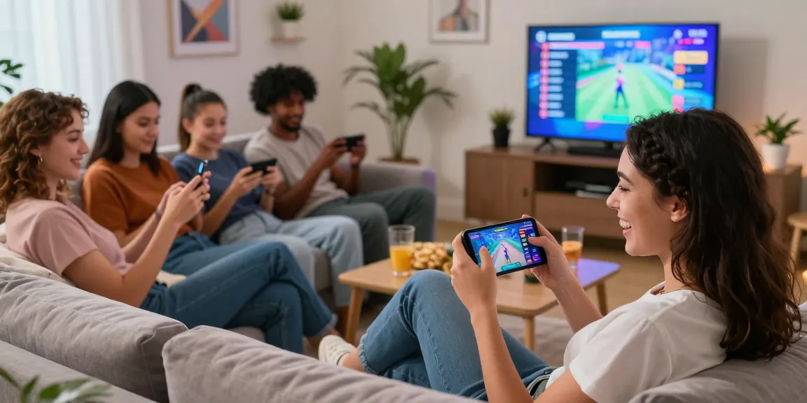 Engaging mobile porn game atmosphere with friends gaming on smartphones in a cozy living room.