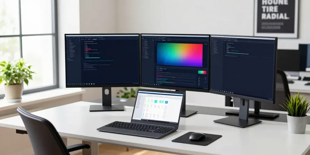 Web developer optimizing instant indexing with dual monitors in a modern tech workspace
