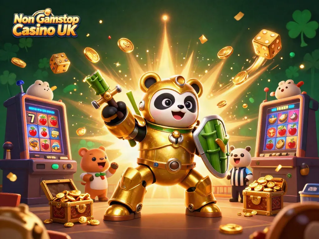 Exciting scene of Non Gamstop Casino UK with a golden panda piloting a robot, casino elements bursting with winnings.