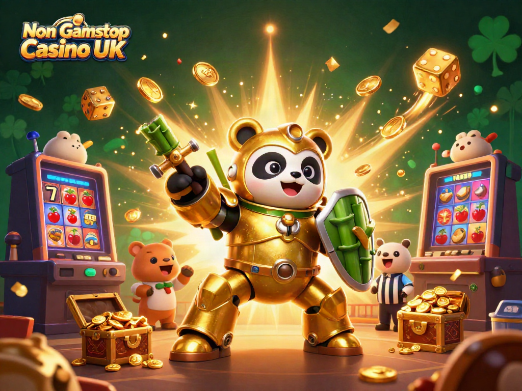 Exciting scene of Non Gamstop Casino UK with a golden panda piloting a robot, casino elements bursting with winnings.