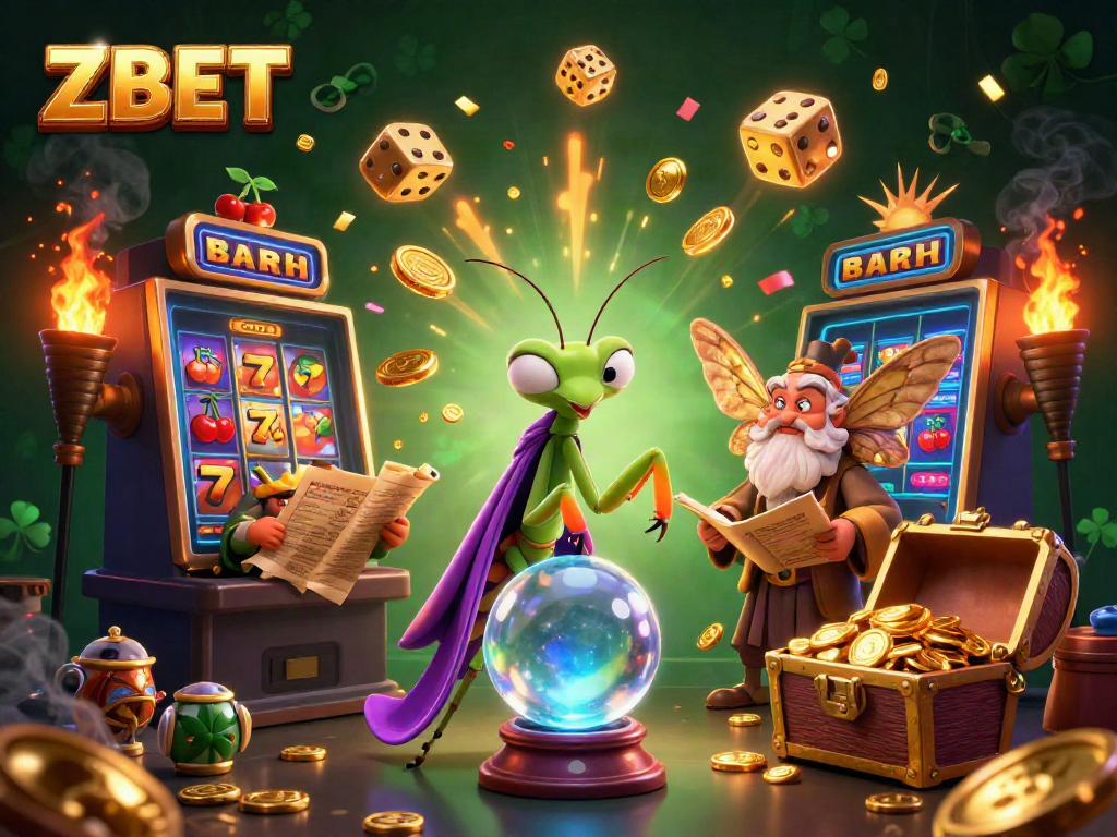 Experience the thrilling ZBET casino with vibrant slot machines, lucky symbols, and charming mystical characters.