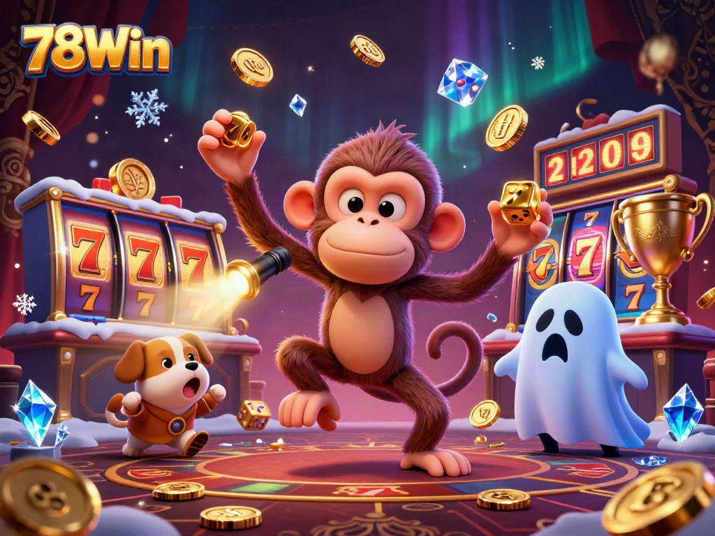 78Win showcases lively gambling action with a poltergeist monkey and a curious puppy in a haunted casino.