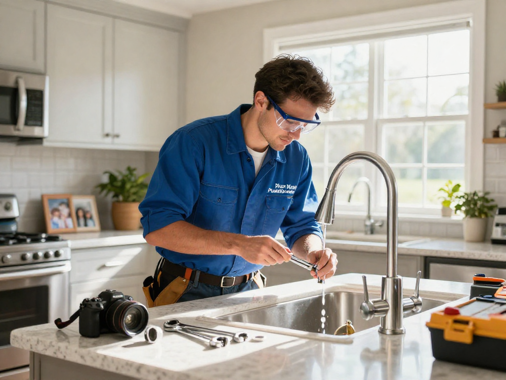 Experienced plumber from Blue Moon Plumbing and Rooter repairing a kitchen faucet, showcasing professionalism and reliability.