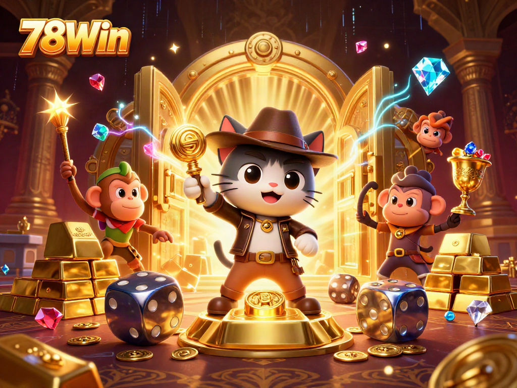Experience thrilling wins with 78Win in a vibrant 3D casino adventure illustration.