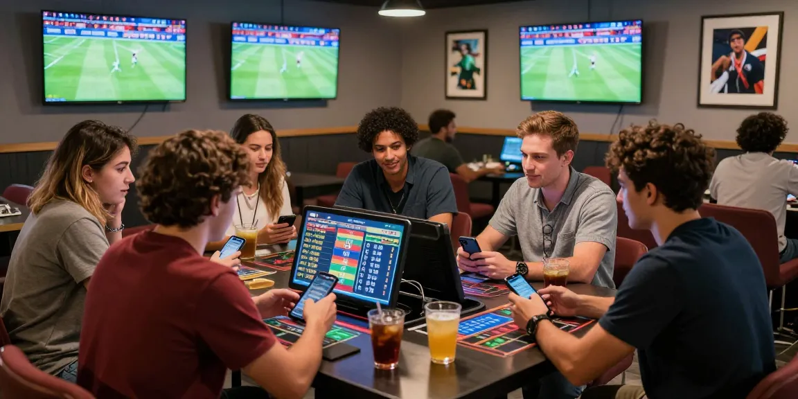 Gathered friends in a dynamic gaming environment at 토토사이트 검증 먹튀스팟 betting lounge with digital screens.