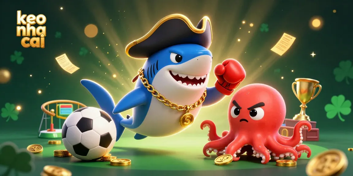 Engage with keo nha cai in this vibrant scene of a cartoon shark, pufferfish, and octopus playing sports betting.