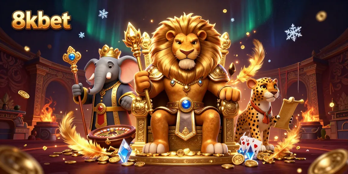 Engage with 8kbet's thrilling live casino scene featuring a lion king, an elephant advisor, and dynamic gameplay elements.