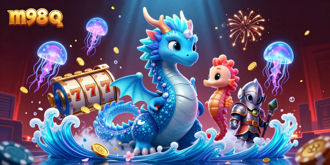 Engage with m98 q in an immersive 3D casino world featuring vibrant slot reels and mystical sea creatures.
