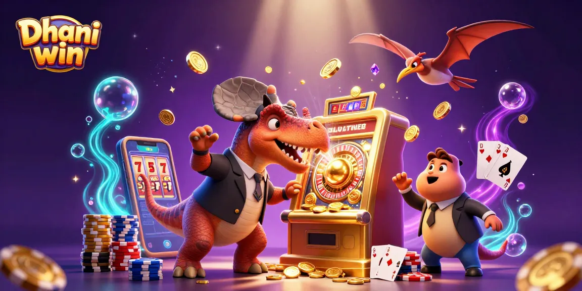 Dhani win features thrilling jackpot excitement as a pachycephalosaurus triggers slot machine payouts surrounded by dynamic casino elements.