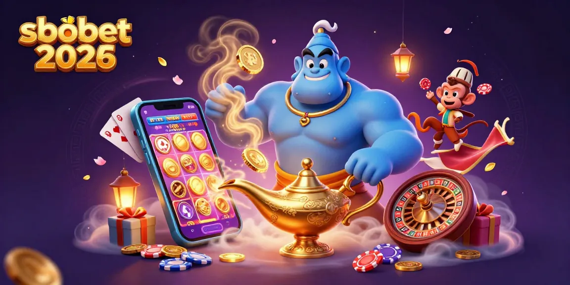 Engage in sbobet 2026 with a vibrant 3D illustration featuring a blue genie, monkey, and casino-themed elements.