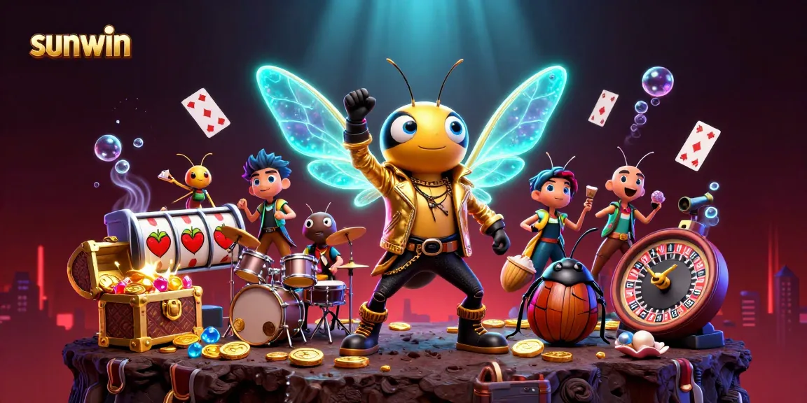 Experience winning moments at sunwin with dynamic 3D casino characters surrounded by slot reels and vibrant gems.