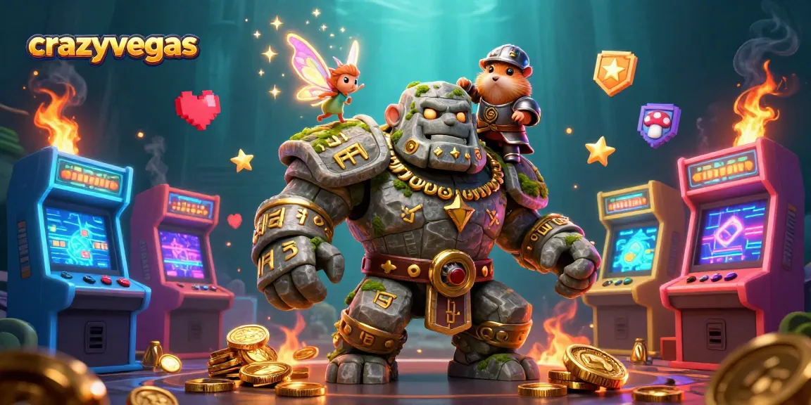 Experience the magic of crazyvegas with a golem guardian, fairy, and hamster knight in a vibrant casino scene.